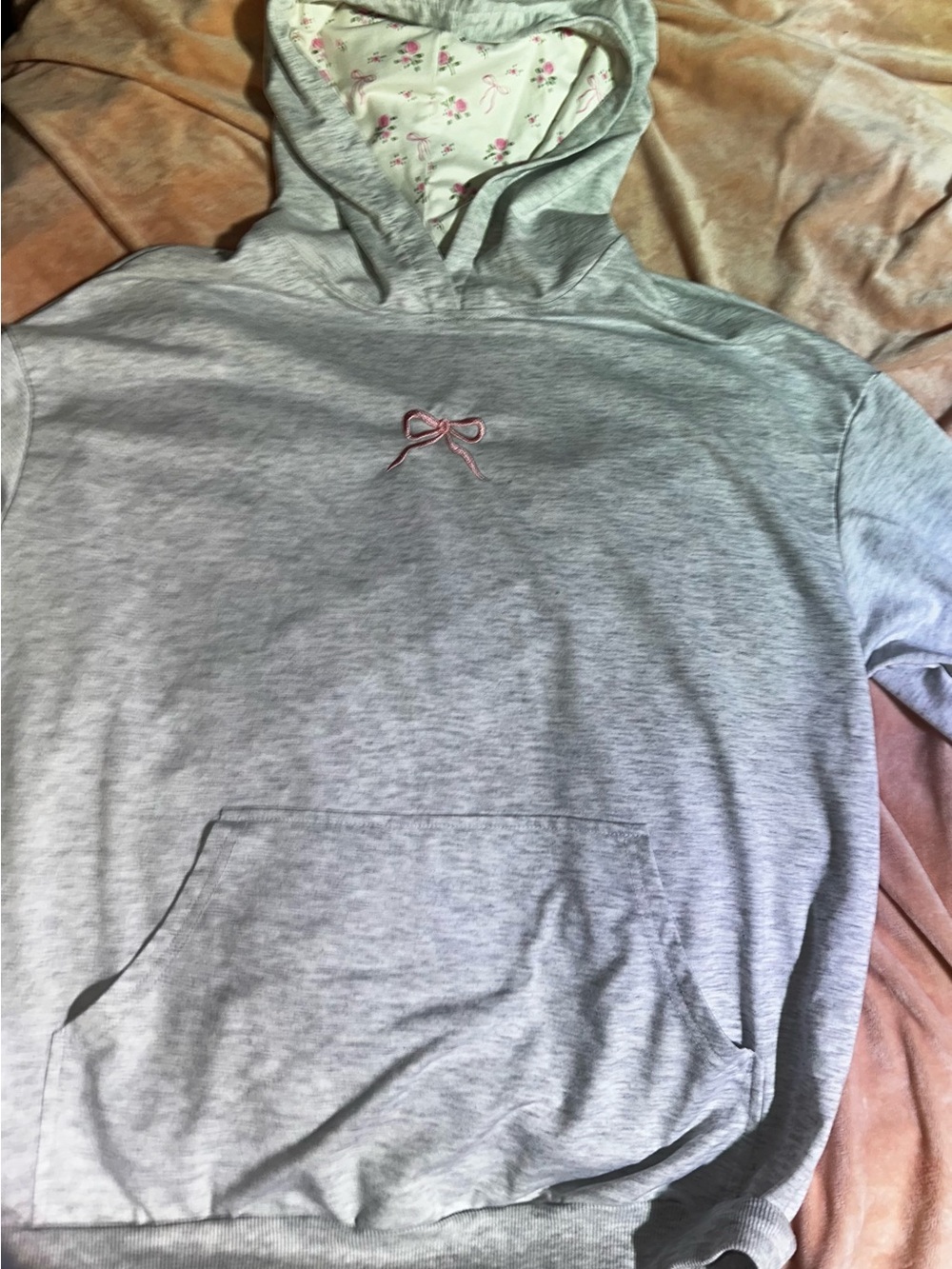 Gray womans Hooded Sweatshirt with Pink and flower Bow Detail